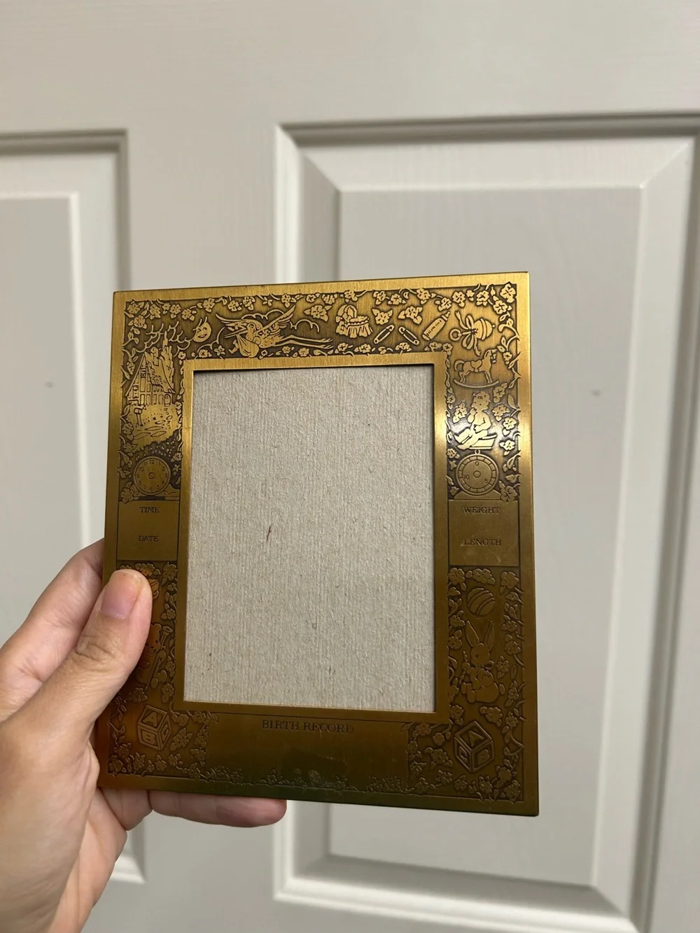 vintage brass baby birth record picture frame,